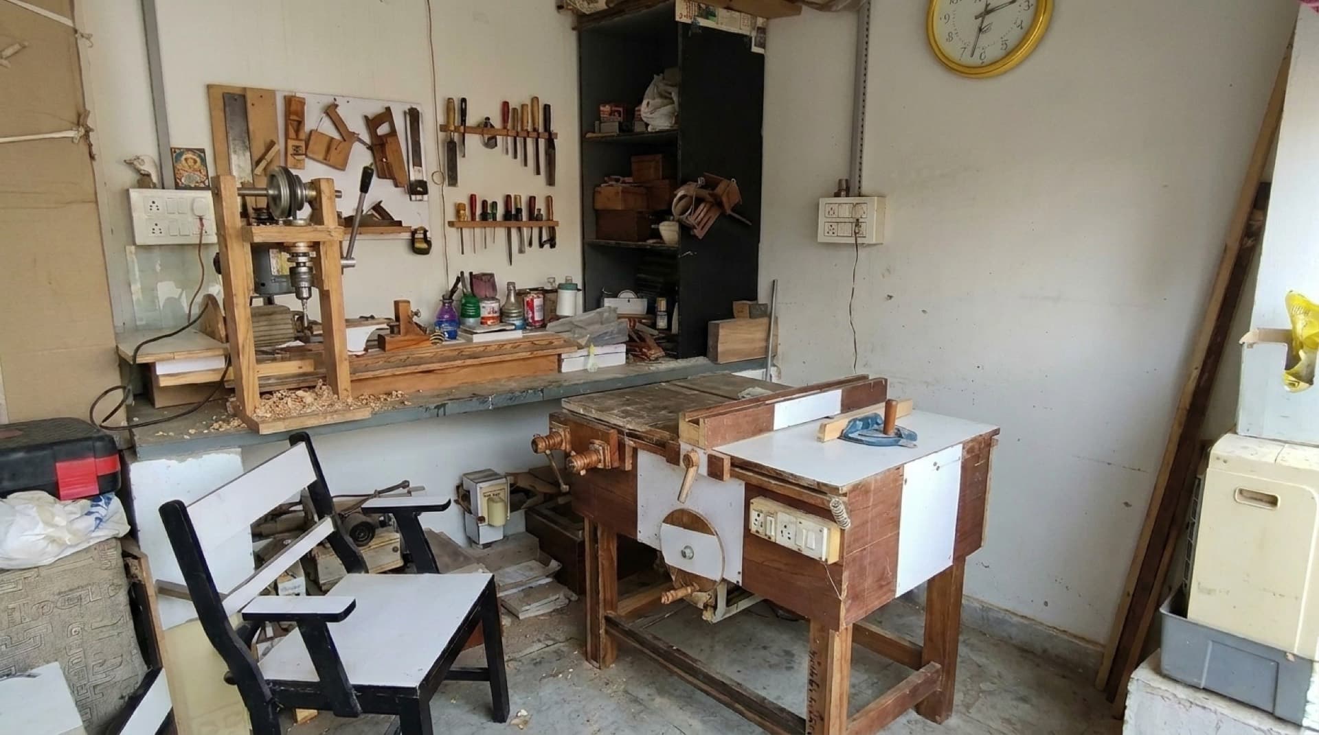 Surjeet Singh Nagi's workshop — his self-built lathe, table saw and hand tools